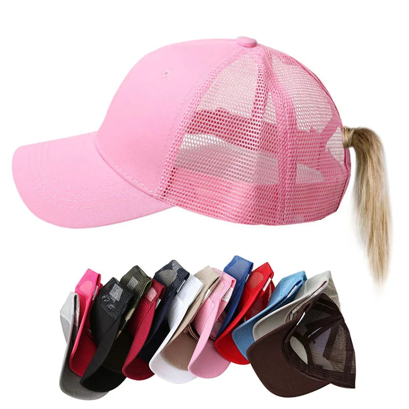 Custom logo Messy Bun Ponytail Cap pony Tail Cross Baseball Hat Washed Cotton Distressed Mesh Trucker Hat Caps