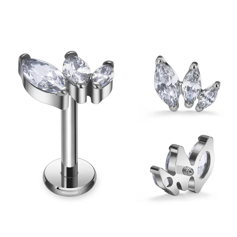 G23 F136 Titanium Piercing Earrings with Zircon Paved Top Threaded Labret Stud Tragus Lip Ring Body Piercing Jewelry