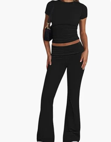 Women's 2 Piece Lounge Sets Y2K Fold Over Flare Pants Set Short Sleeve Crop Top Casual Tracksuits Outfits