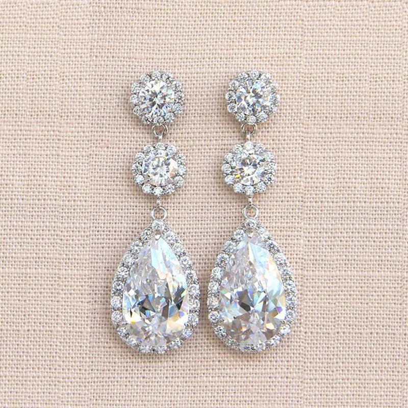 CAOSHI Exquisite Water Drop Design Sparkling White Crystal Cubic Zirconia Dangle Earrings for Women Wedding CZ Pendant Earrings