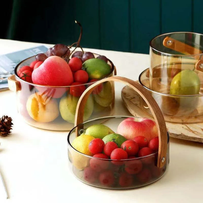 Wholesale Customized Ins Style Portable Glass Fruit Storage Plate Basket With Wooden Handle