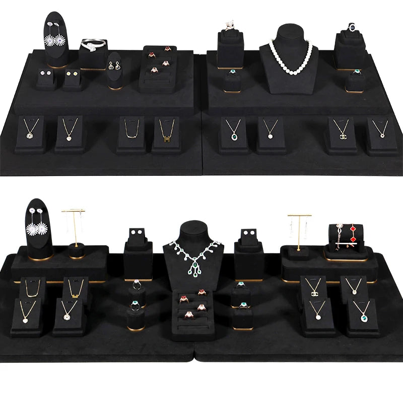 Jinsky Factory Customized Black Microfiber Jewelry Display Necklace Earrings Bust Stand Ring Tray Display Set