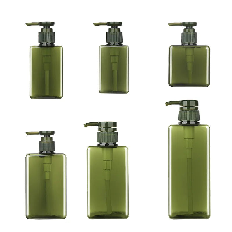 Army Green 200ml Square-Shaped HDPE Cosmetic Container Pump Sprayer Transparent Shampoo Lotion Bottle Custom Color Silk Screen