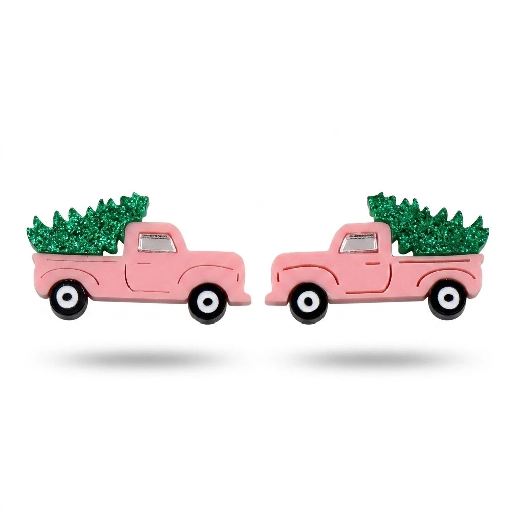 Pink Christmas Truck Earrings Glitter Green Tree Vintage Acrylic Studs Festive Holiday Jewelry Wholesale Bulk