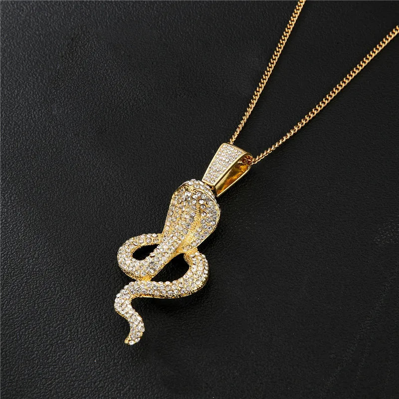 Hip Hop Bling Iced Out Snake Pendant Necklace Gold Plated Full Diamond for Anniversary and Wedding