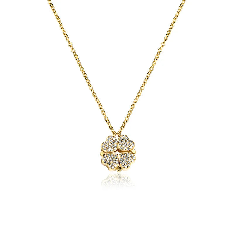 Hip Hop Magnetic Folding Four-leaf Clover Pendant Necklace Gold Pendant Necklace Zircon Rapper Men Women Jewelry
