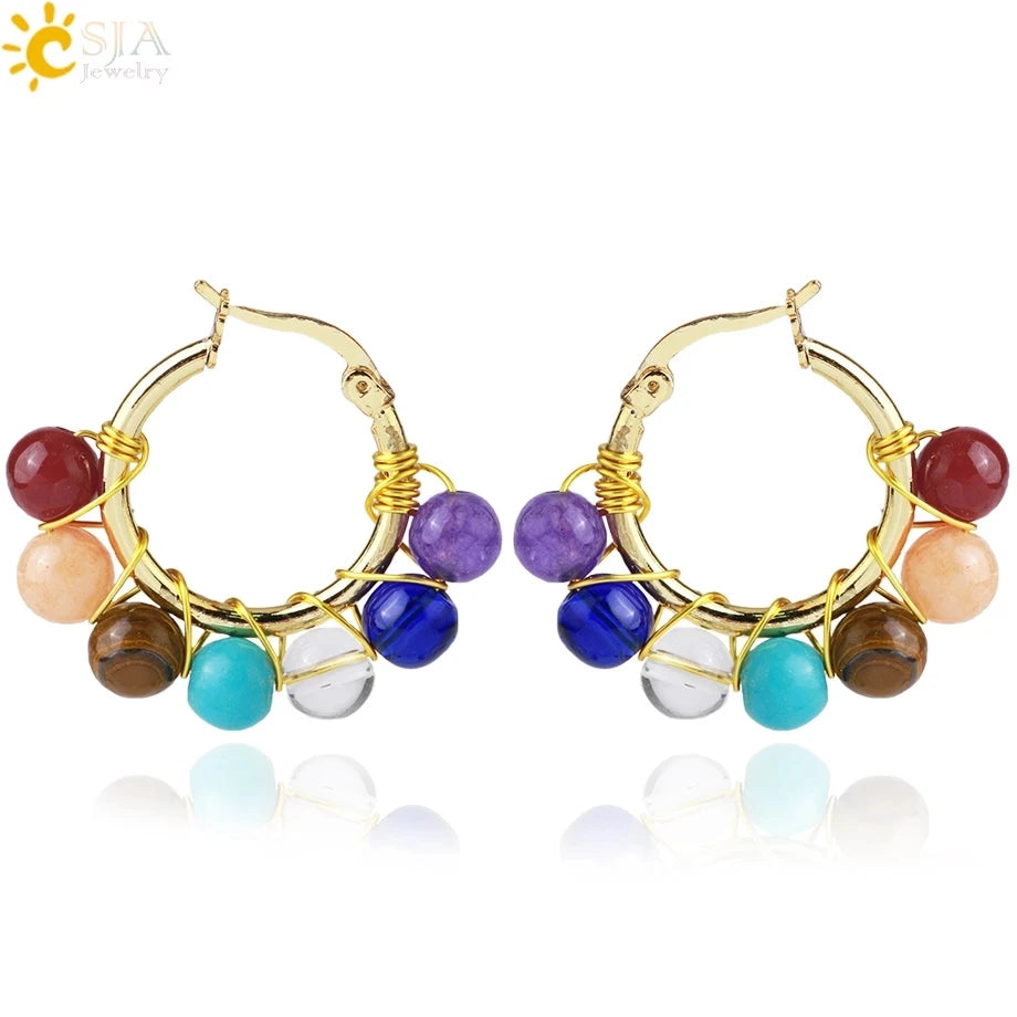 CSJA Wholesale Gold Plated Amethyst Rose Quartz Snatural Gemstone Chips Crystal Healing Hoop Earring Women G997