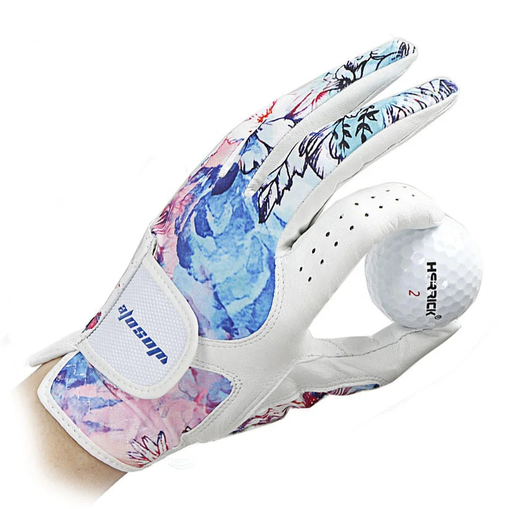 OEM Printed Colorful Women's Golf Gloves Pair Style Factory Price Made of Quality Cabretta Leather