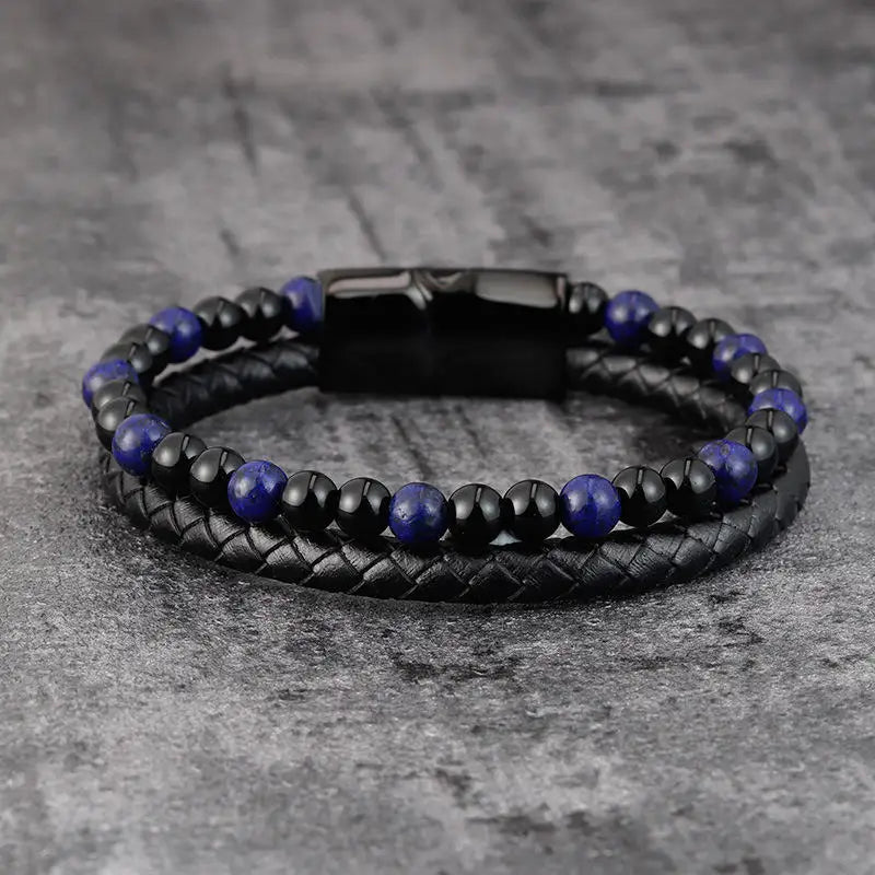 Rope Bracelets Stainless Steel Ball Stone Arm Band for Men Wrist Bangle Accessory Genuine Leather Onyx Bead Bracelets OT-080