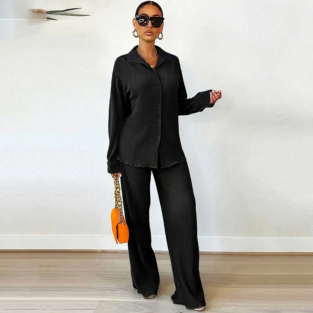 Lady's 2-Piece Outfits Pleated Floral Button Shirt Loose Fit Knee Palazzo Pants-Woolen Knitting Casual for Summer Fall-Size XL