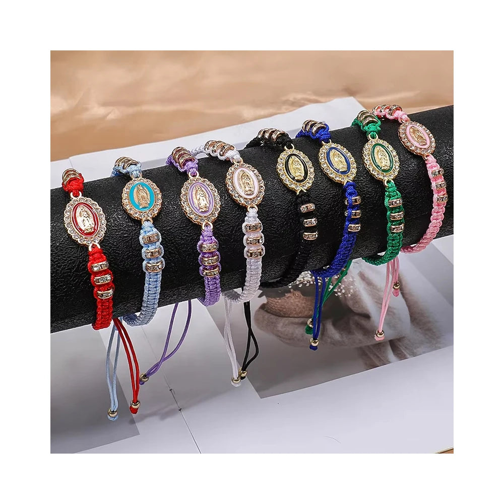 Wholesale Party Gift Green Black Color Gold Alloy Plating White Crystal Virgin Mary Weave Christian Bracelet