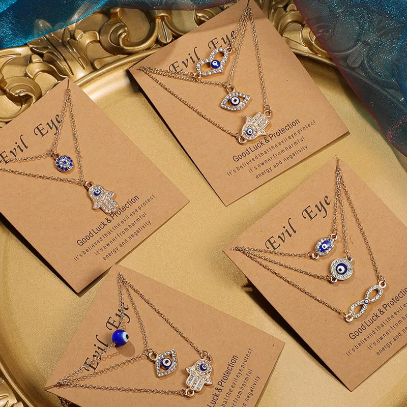 3PCS Lucky Protection Jewelry Dainty Turkish Blue Evil Eye Diamond Hamsa Pendant Necklaces for Women Girls
