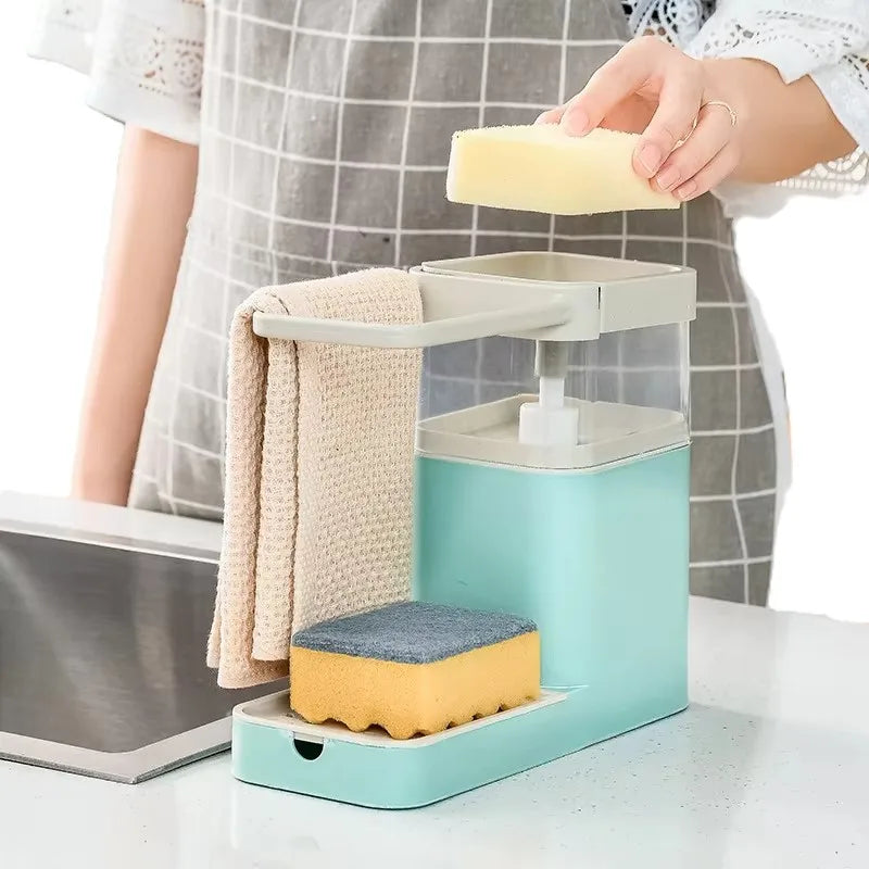 Kitchen Sink Soap Dispenser Dish Wash Sponge Caddy Soap Dispenser with Dish Towel Bar