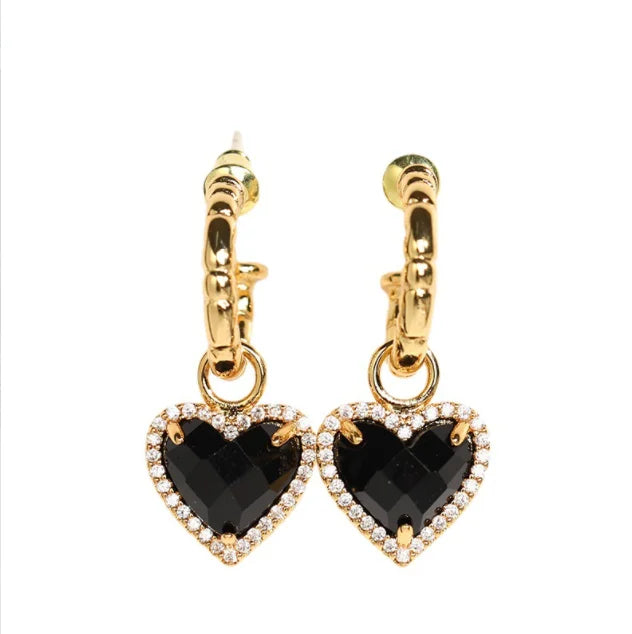 Vintage Black Gold Heart C-shaped Diamond White Copper Gold Plated Earrings