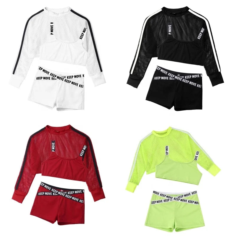 3Pcs Kids Girls Summer Sport Suit Hollow Out Breathable Tops and Shorts Set for Running Modern Dance Gym Workout