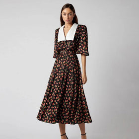 Button Cardigan a Line One Piece Slit Dress Vintage Midi Floral Printed Long Dresses Lady Elegant Women's Dresses With Belt
