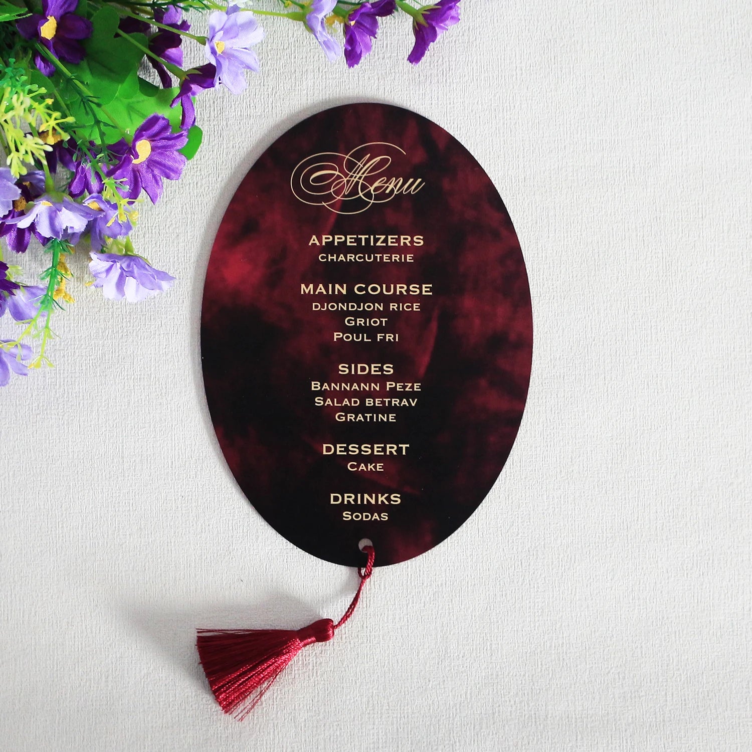 Free Sample Red Custom Printed Transparent Acrylic Menu Card with Tassel for Birthday/Wedding/Holiday Party and Restaurant
