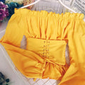 Fashion Women Off Shoulder Top Wear Lace-up Waist Corset Sleeves Autumn T-shirt New Sexy Pure Color Tee Tops Female T-shirt