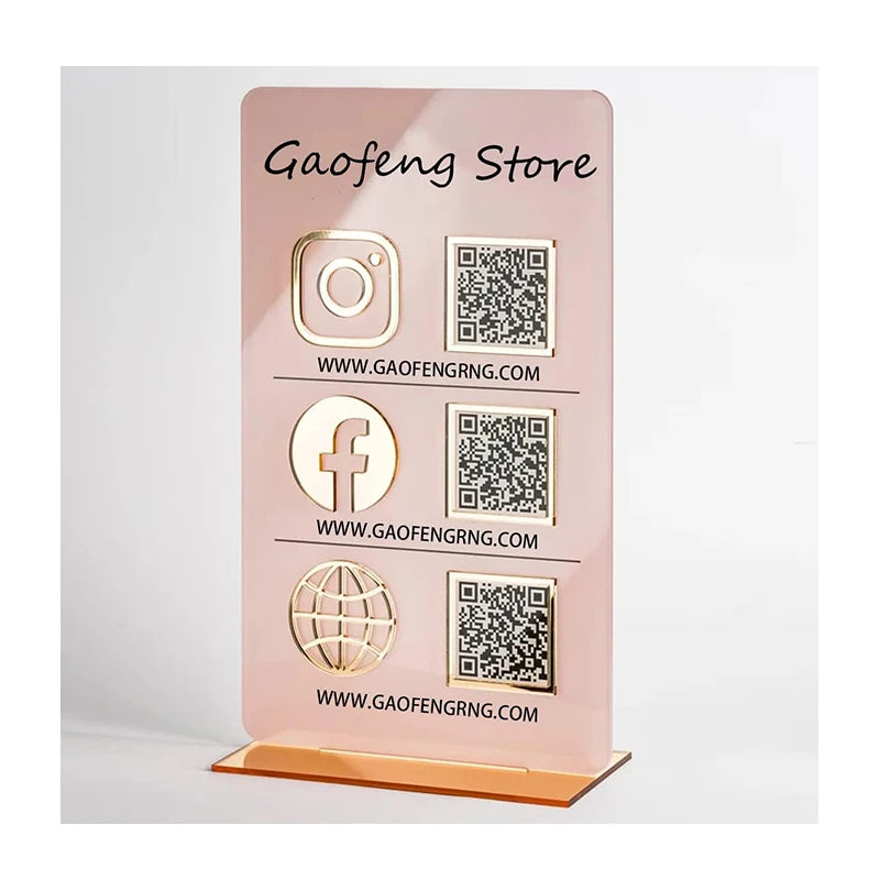 Factory OEM Custom Mirror Acrylic QR Code Sign Stand for Beauty Salon Scan to Pay Tabletop Display Multi Icon QR Code Sign