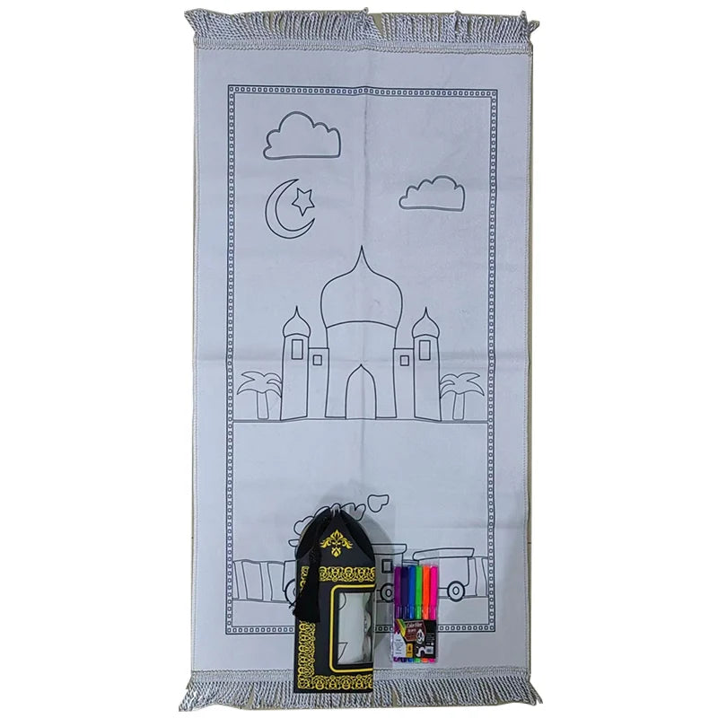 Islamic Turkish Church Prayer Mat Drawing Kids Sejadah Carpet Portable Children Eid Muslim Prayer Coloring Rug