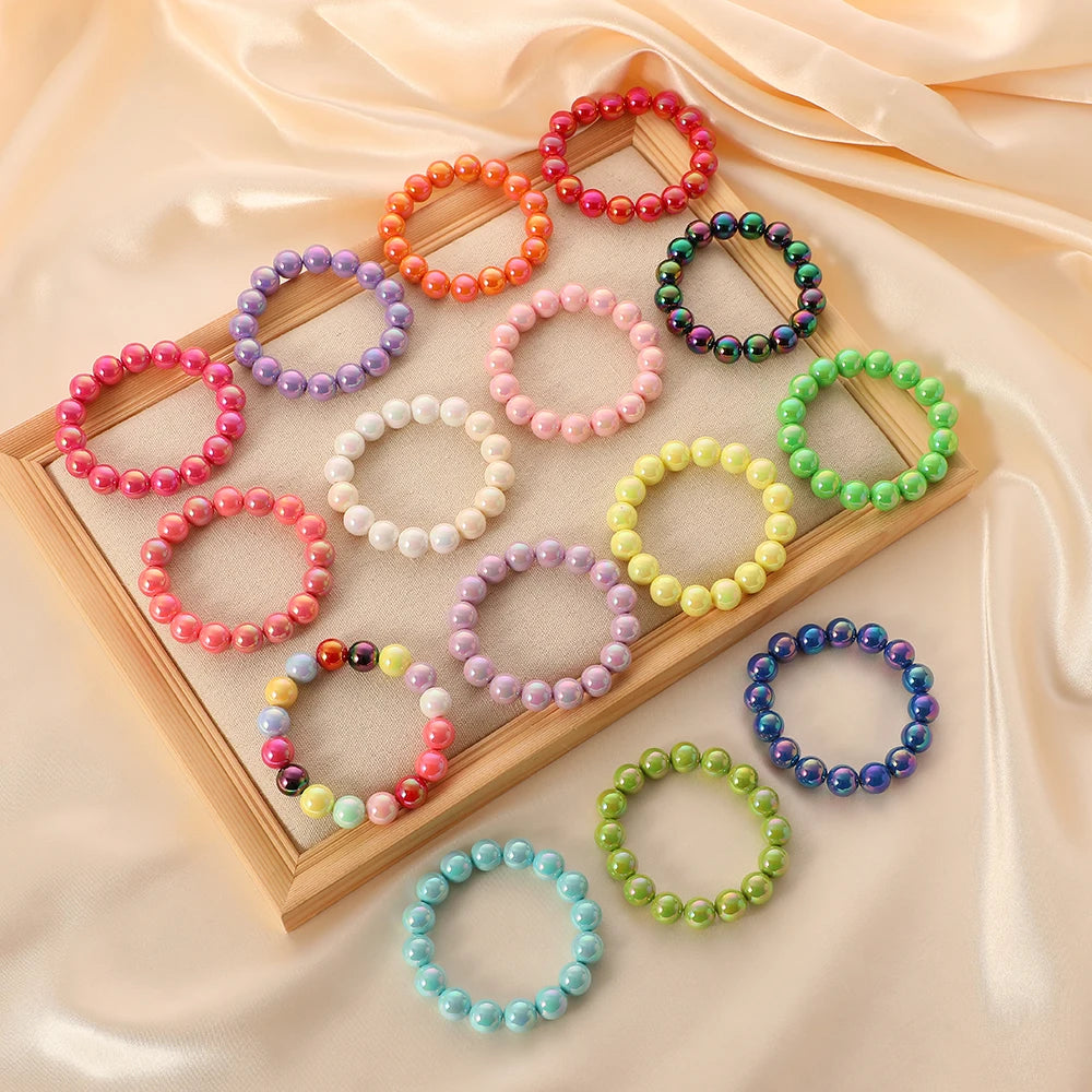 12mm Plastic AB Colorful Round Acrylic Beads Bracelets for Women Girls Elastic Handmade Beaded Hand Bracelet Jewelry