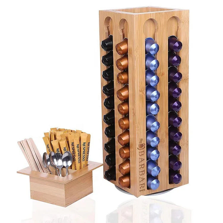 Rotating Bamboo Coffee Pods Holder Storage Kitchen Organizer Nespresso Coffee Capsules Holder