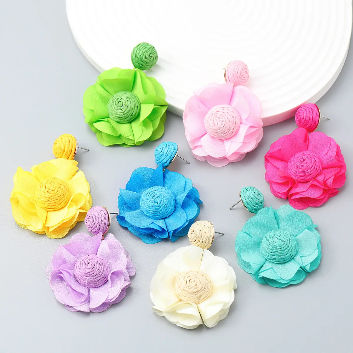 Jachon New Fabric Floral Elegant Flowers Drop Earrings Raffia Grass Earpieces Earring Jewelry Female