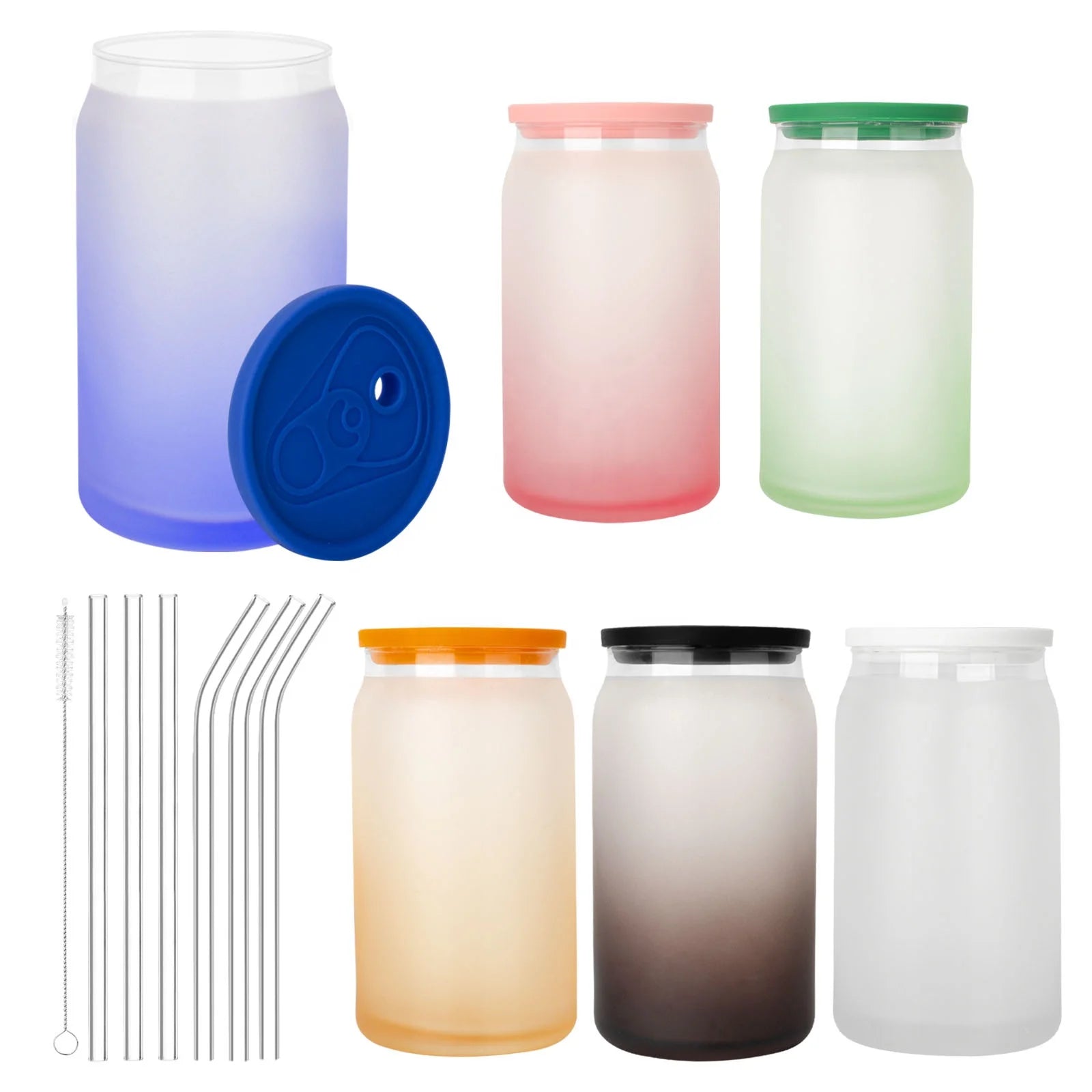 Wholesale Bulk High Good Quality 16oz Frosted Gradient Tumbler Water Bottle Glass Jar Tumbler with Lid and Straws