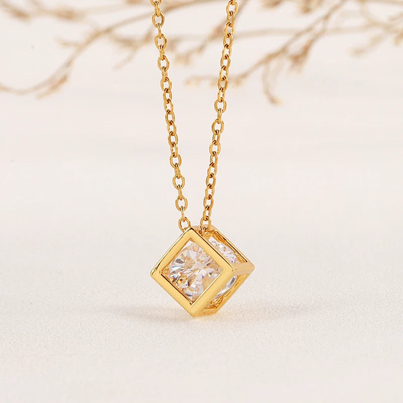 Fashion Personality Jewelry 18K Stereoscopic square Zirconia Pendant Ladies Hot Stainless Steel Necklace