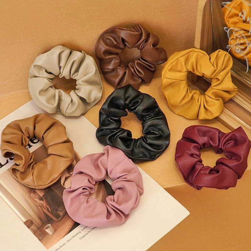 Fashion Hair Accessories Set Leather Chocolate Fluffy Wrinkle Pu Elastic Band Hair Clip Accessories Hair Tie Scrunchies Leather