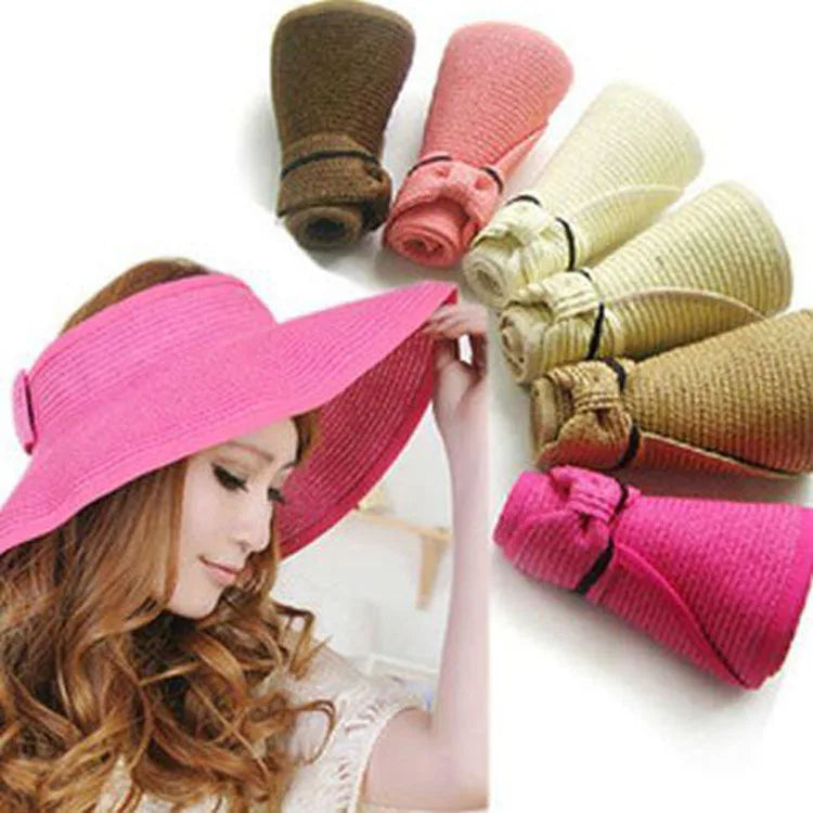 UV Protection Summer Wide Brim Floppy Straw Hat Foldable Paper Sun Visor for Women Girls Outdoor Travel-friendly Beach Top