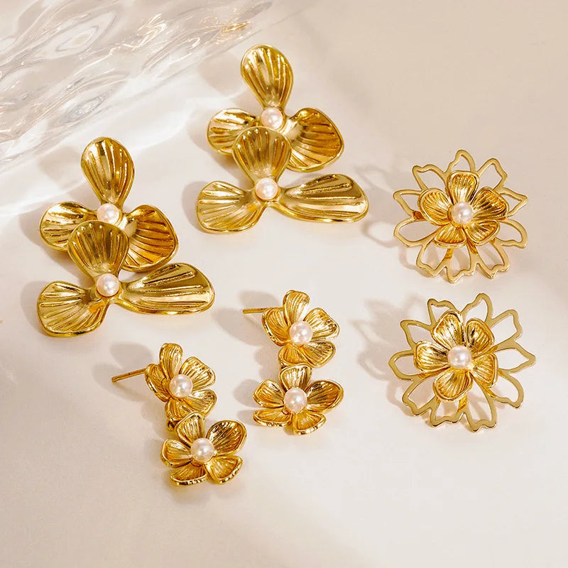 Fashionable Personality Exaggerated Irregular Stainless Steel Hollow Flower Stud Earrings for Women