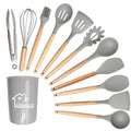 Newly Arrived 12 Piece Silicone Kitchenware Set Wooden Handle Cooking Kitchenware Set