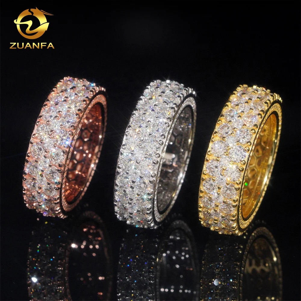 Luxury Unique Three Row Silver GRA Certificate Pass Diamond Tester White Gold Moissanite Ring