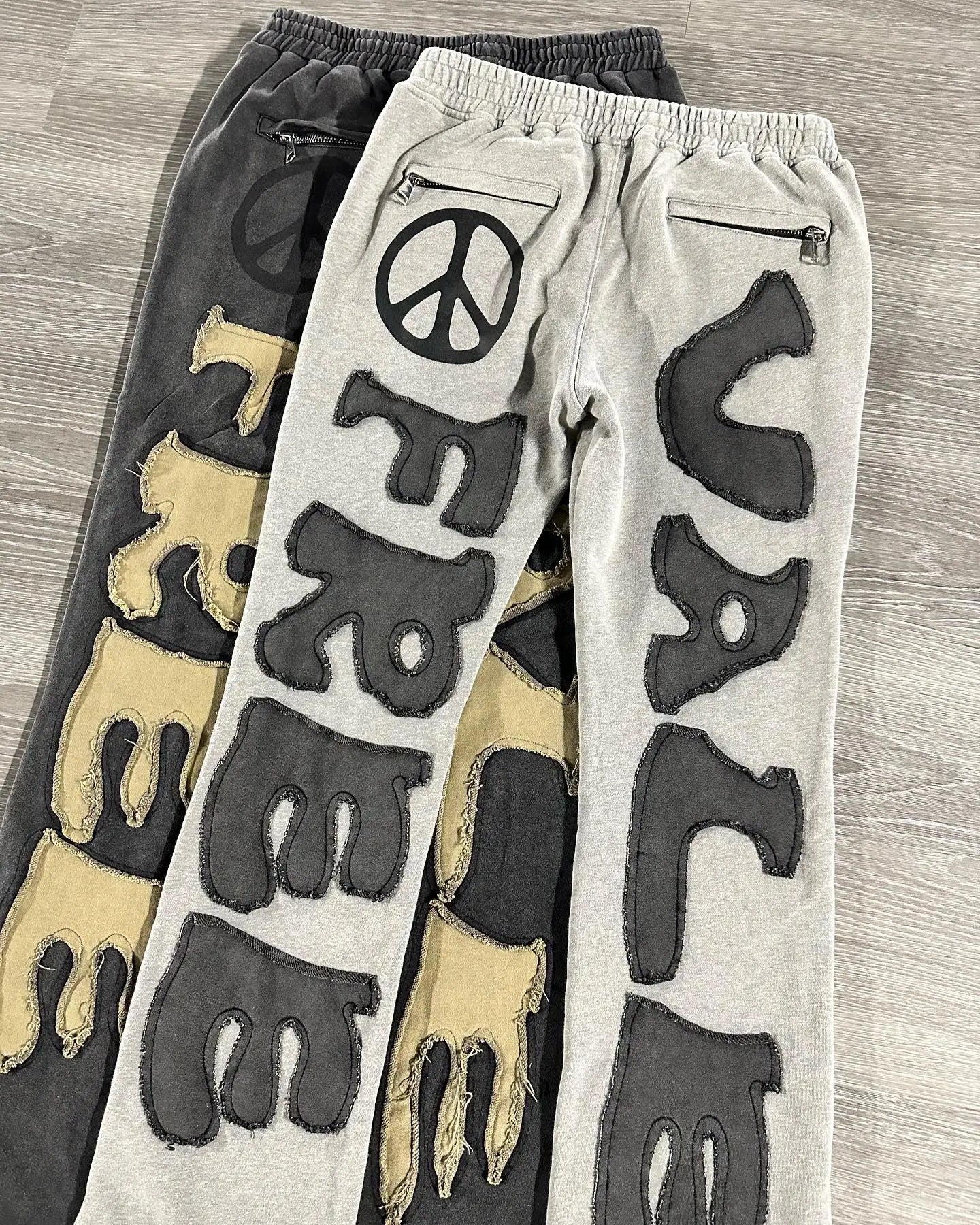 Guangzhou Custom Distressed Embroidery Patch Logo Men's Acid Wash Flare Sweatpants Jogger Pants Loose High Waist Fit