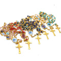 GT Trendy Catholic Rosary Necklace Saint Benedict Metal Beads with Colorful Crystal Glass Gold Plated Jesus Cross