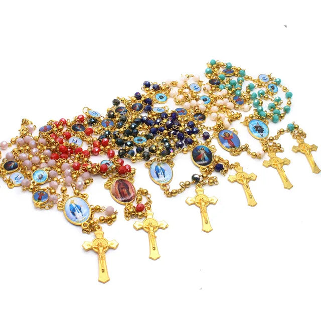 GT Trendy Catholic Rosary Necklace Saint Benedict Metal Beads with Colorful Crystal Glass Gold Plated Jesus Cross