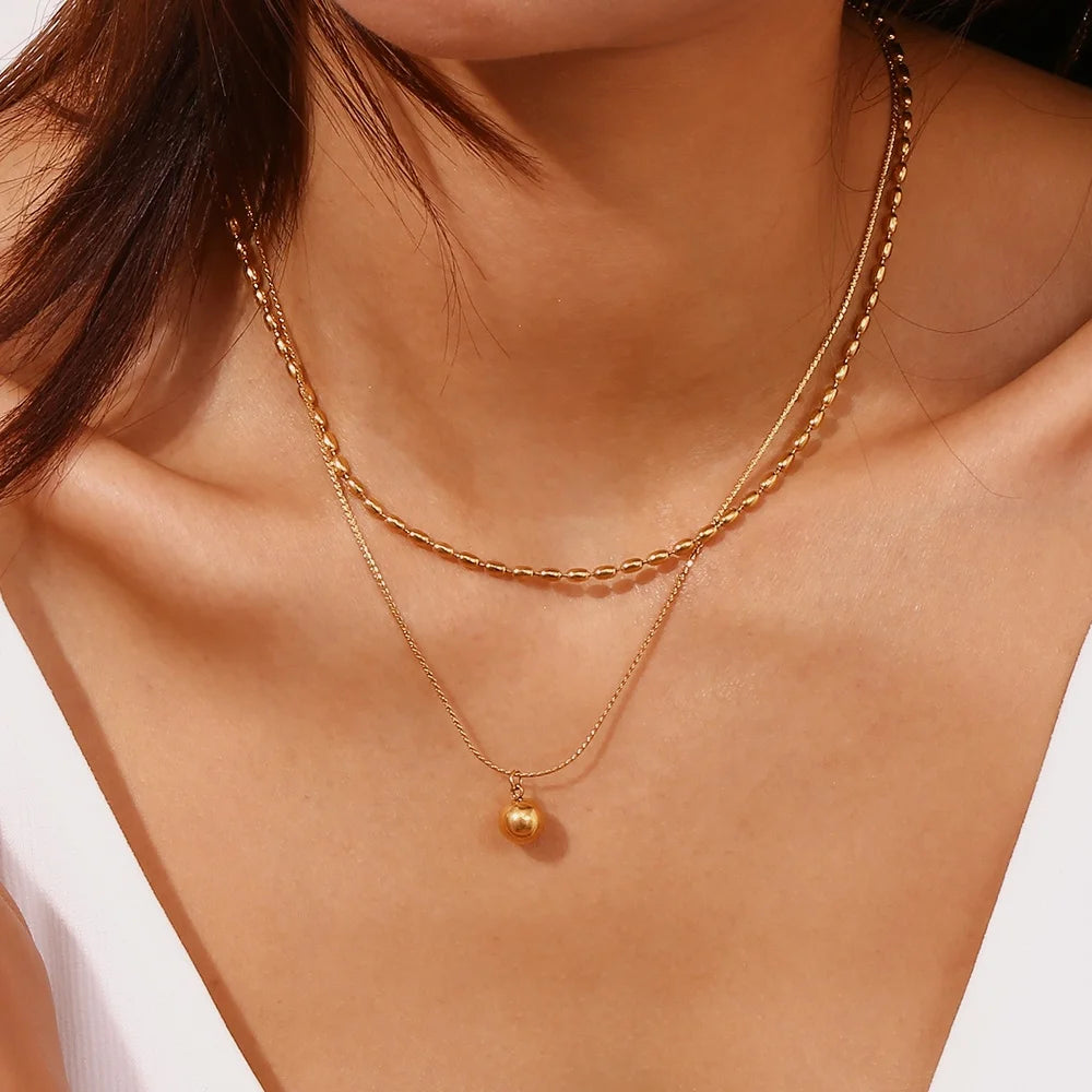 Minimalist Stainless Steel Double Layer Necklace for Women with Gold Plated Bead Pendant Vintage Style for Weddings