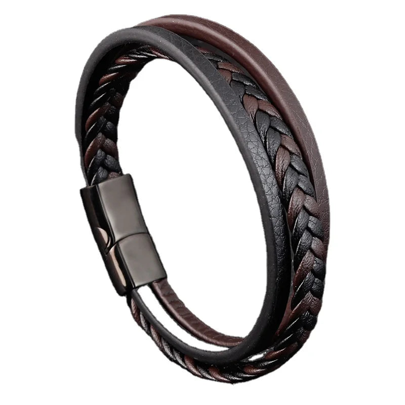 2026 New Arrival Men's Leather Hand Jewelry 3 Layers Real Leather Bracelet Magnetic Clasp Men Bracelet
