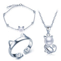 Cat Rings Pearl Bracelets Necklaces 925 Silver Women Jewelry Sets