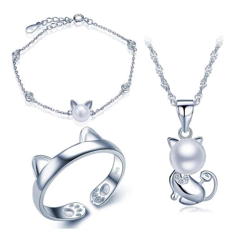 Cat Rings Pearl Bracelets Necklaces 925 Silver Women Jewelry Sets