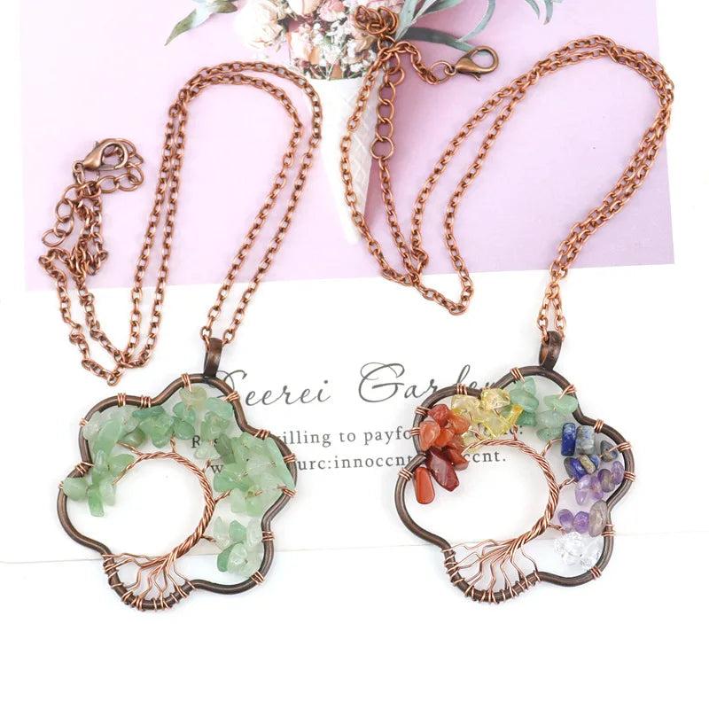 Natural Stone Chakra Tree of Life Wire Wrapped Pendant Necklace Healing Gemstone Necklace Pendants Jewelry