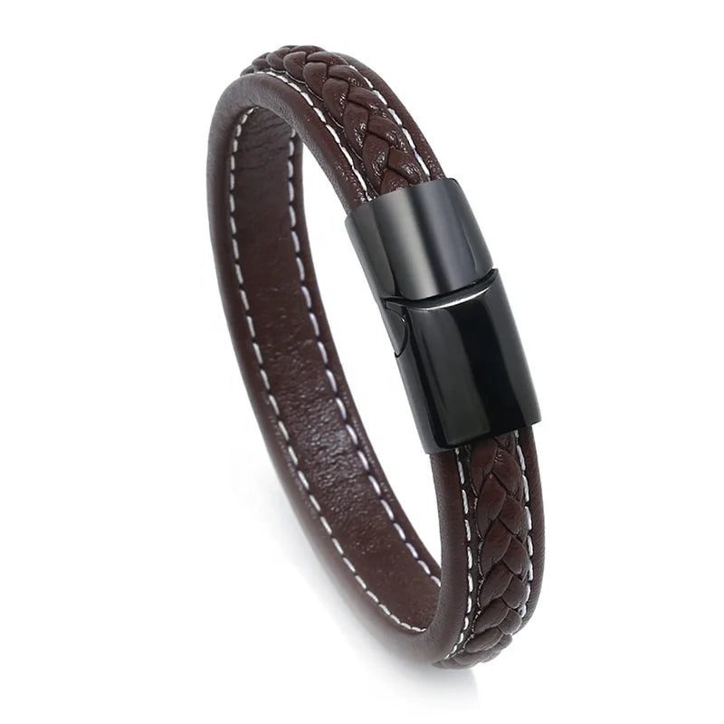 Custom Stainless Steel Men's Real Leather Magnetic Braided Black Color Leather Bracelet