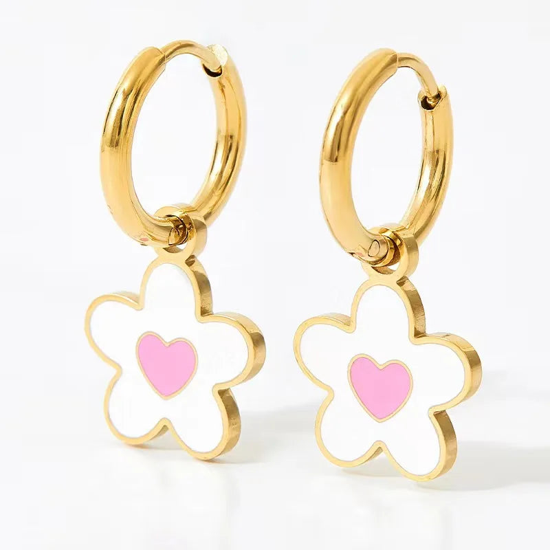 Ouj Titanium Flower Multicolor Enamel Heart 18K Gold Charm Hoop Earring  Stainless Steel  Earrings Jewelry for Girls