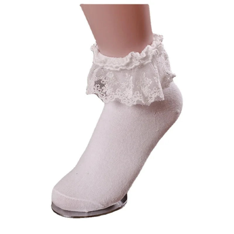 Manufacturers Wholesale Fashion New Pure Color Women's Vintage Ruffle Frilly Ankle Lace Cotton Socks for Spring and Autumn