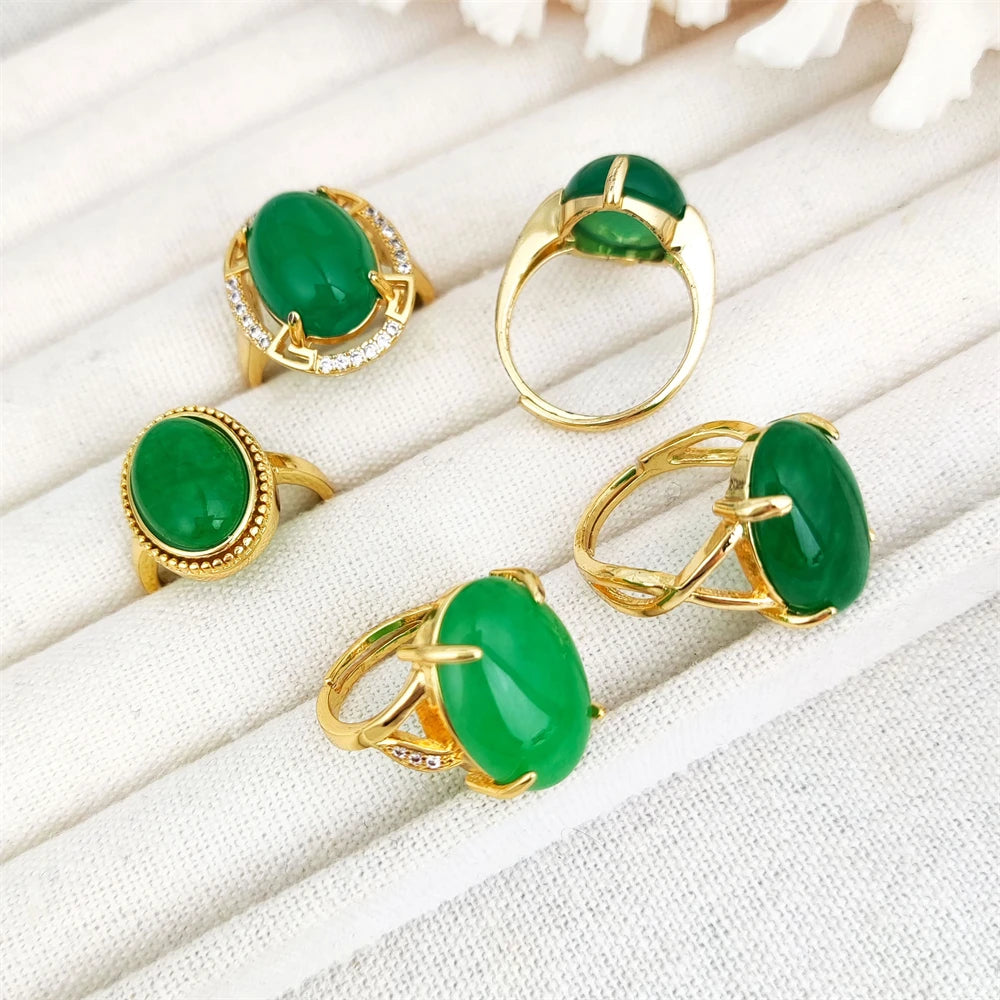 Latest Design Healing Crystal Jewelry 18K Gold Plated Green Jade Ring Healing Stone Chrysoprase Adjustable Ring for Women Men