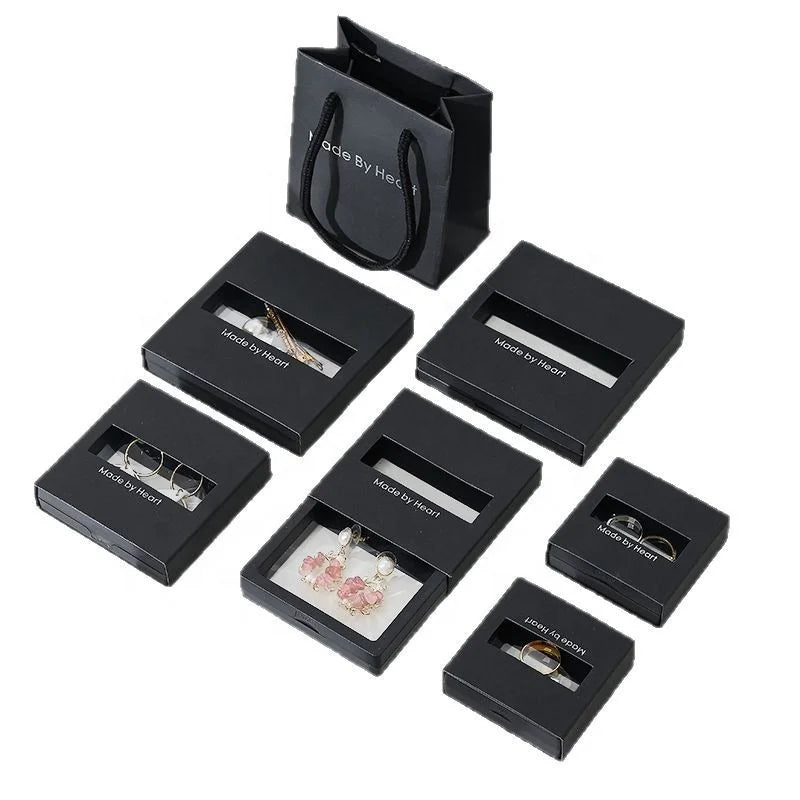 Simple Black Cardstock Durable Square Shape Jewelry Box with PE Film Anti-Oxidation for Rings & Nail Art-HONZO