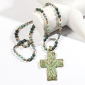 Spring/Summer Fashion Bohemian Style Jewelry 8mm Natural Stone Glass Knot Necklace Metal Love Cross Green Pendant Necklace