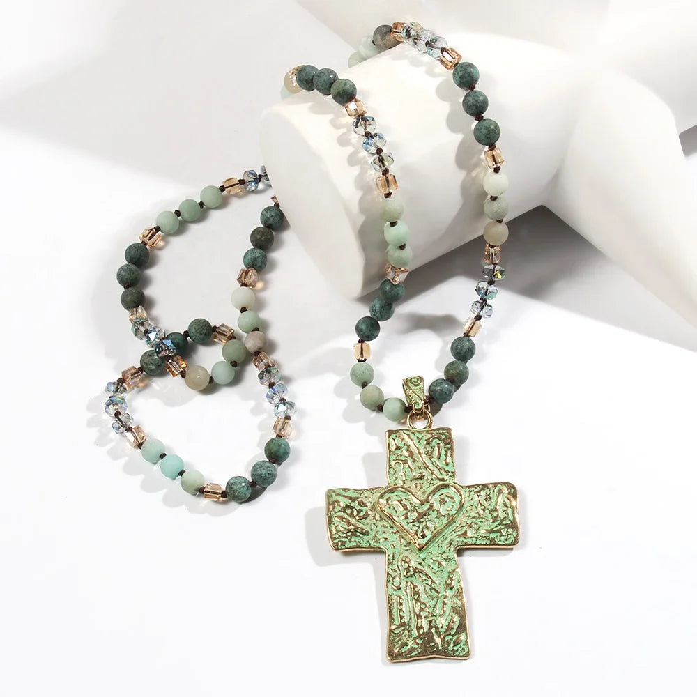 Spring/Summer Fashion Bohemian Style Jewelry 8mm Natural Stone Glass Knot Necklace Metal Love Cross Green Pendant Necklace