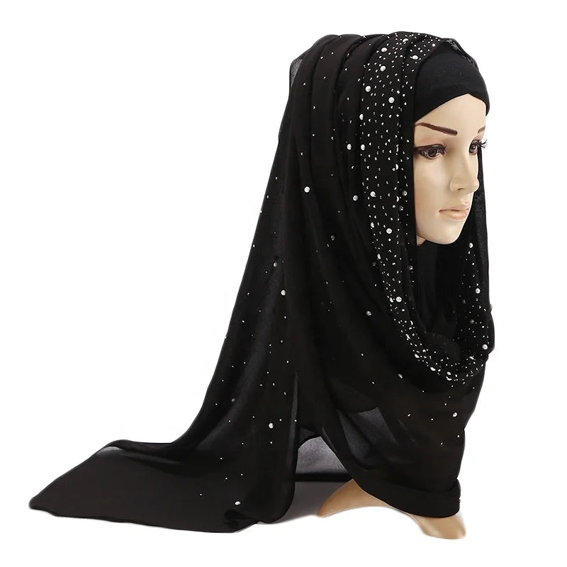 Soft Chiffon Head Scarf Parls Hijab Silk Scarves Wrap Glittering Rhinestones Hijab
